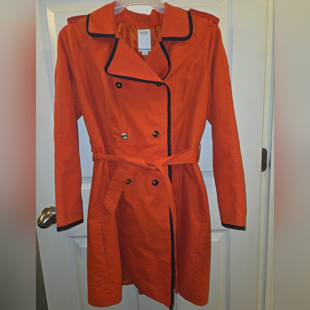 Nautica Women's Bright Orange Trench Coat with Dark Trim, Double Sided Button
